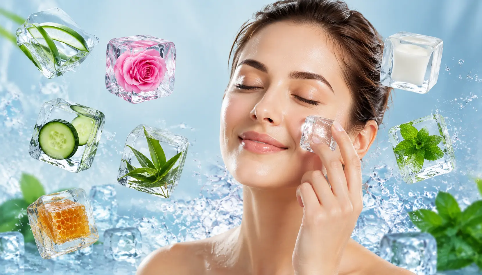 7-ice-cube-face-hacks-aloe-vera-rose-water-cucumber-green-tea-honey-milk-mint
